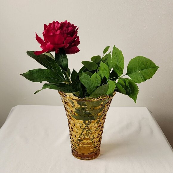 Vtg 60s Mid Century Modern Glass Yellow Amber Vase Textured Honeycomb Pattern - Picture 1 of 13